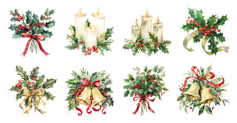 Fototapeta premium PNG Festive holly candle arrangements, element set on transparent background