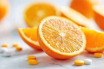 Fototapeta premium Fresh orange slices with tablets on wooden surface