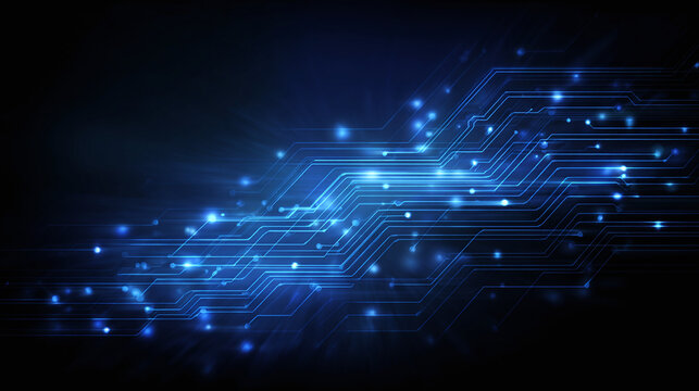 A futuristic digital circuit board with glowing blue lights, symbolizing innovation, technology and networks. The intricate pathways and vibrant illumination create a sense of advanced technology - Powered by Adobe