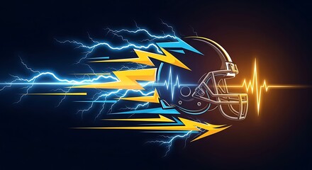 Dynamic football helmet with blue and yellow lightning bolts and speed lines on a dark background, showing energy and speed.