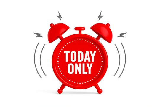 Bright red alarm clock with today only text vibrating to signify a limited time sale or special offer