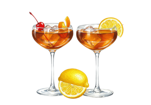 elegant watercolor illustration of crystal coupe glasses with amber cocktails, garnished with cherry and lemon twists, isolated on transparent void space. concept for classic beverage menu