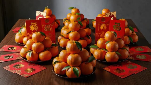 Abundance of tangerines and red envelopes symbolize prosperity for chinese new year