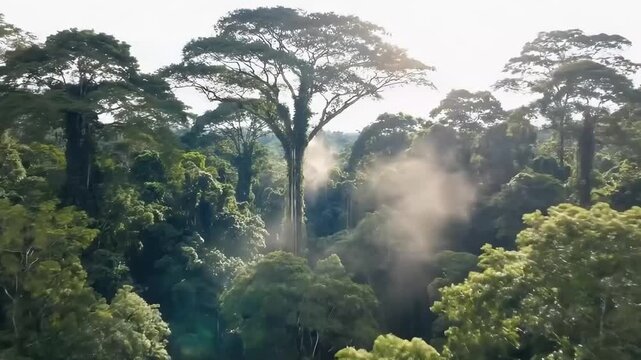 An breathtaking aerial perspective reveals the dense, verdant canopy of an expansive tropical forest, teeming with lush foliage. Giant trees pierce through the layers of green, reaching towards the sk