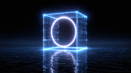 A futuristic geometric cube with a glowing circle. The cube is surrounded by a grid and set against a dark background, creating a technological atmosphere