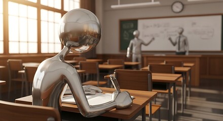 Chrome Student Taking Notes in Classroom with Teacher.