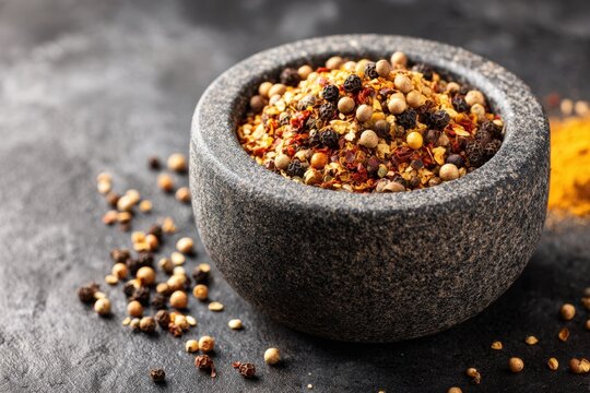 Colorful assortment of spices in a stone bowl