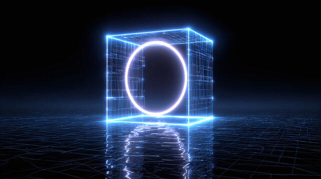 A futuristic geometric cube with a glowing circle. The cube is surrounded by a grid and set against a dark background, creating a technological atmosphere