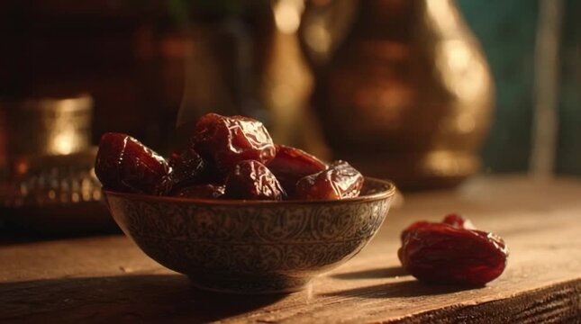 Close-up seamless loop of kurma (dates) in a bowl. Traditional Ramadan or Iftar food for breaking the fast in a dark, warm setting.