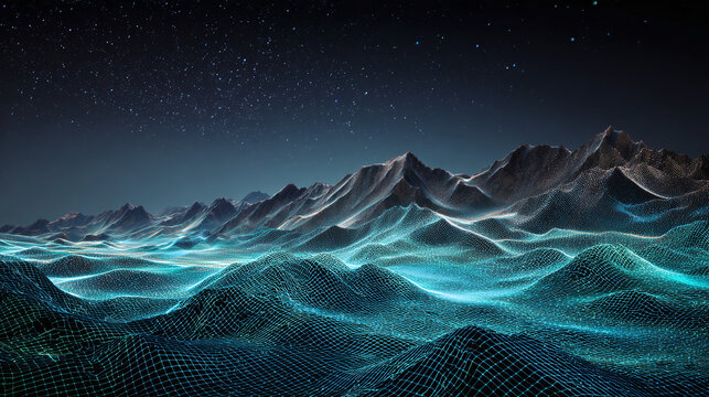 Abstract digital landscape with mountains and a starry night sky. The scene is rendered in shades of blue and black, creating a futuristic and otherworldly feel.