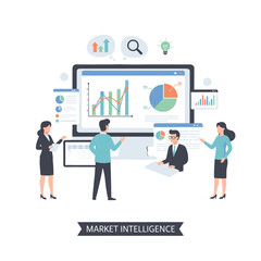 Diverse Team Collaborating On Market Intelligence Report With Financial Charts And Graphs On Computer Screen With Detailed Performance Analysis