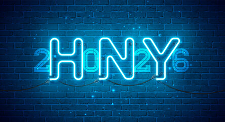 2026 Happy New Year Greeting Card Design with Glowing Neon Light Typography Lettering on Vintage Brick Wall Background. Vector Christmas Holiday Season Illustration for Calendar, Celebration Poster