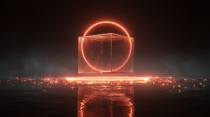 Glowing cube with a circular light and reflections in the dark