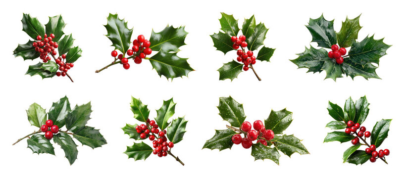 PNG Vibrant holly leaves with berries, element set on transparent background