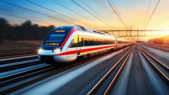 High-Speed Rail Journey: A modern high-speed train streaks across a sunlit track, symbolizing the dynamism and efficiency of modern transport. The image captures the essence of speed and travel.