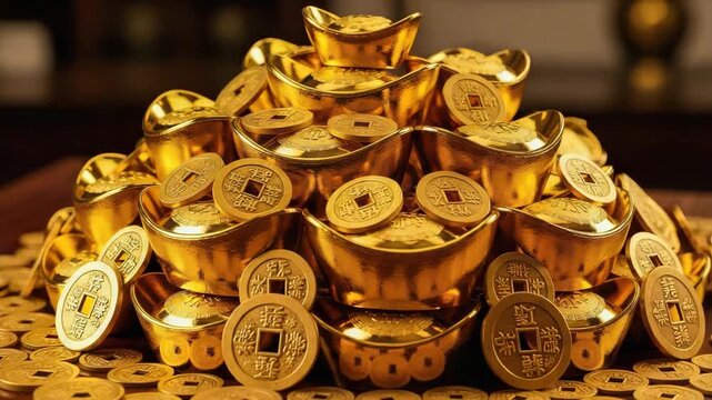 Pile of golden chinese ingots and coins on a wooden surface