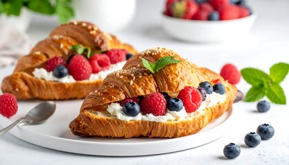 Two flaky pastries, filled with cream and topped with raspberries and blueberries. A sprig of mint garnishes