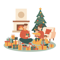 Family Exchange Gifts Near Christmas Tree and Fireplace Warm Festive Atmosphere Pastel Tones Minimalist Style
