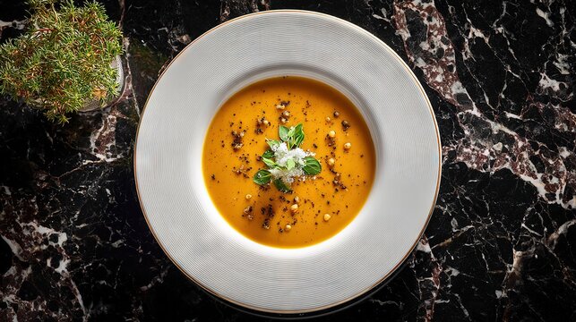 Elegant gourmet pumpkin and chickpea soup on marble background, fine dining style presentation ideal for restaurant menu, luxury food magazine, or culinary design projects.