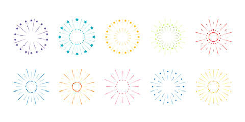 A set of fireworks icons, vector illustration, isolated on a white background. A graphic holiday element for design, postcards, posters, and Christmas. Sparks, lights, explosions, flashes in the sky