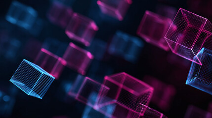 Abstract image of neon cubes floating in the dark. The cubes are rendered in shades of blue and pink, creating a futuristic and dynamic feel.