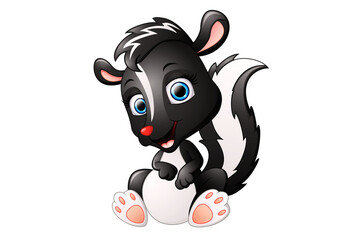 Obraz premium Adorable cartoon skunk character with big blue eyes and a bushy tail, sitting and looking forward, cute illustration