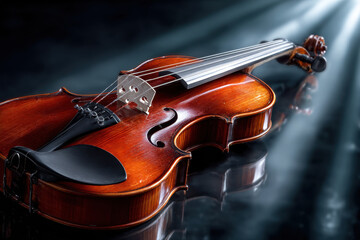 Fototapeta premium Polished Violin on Dark Reflective Surface with Dramatic Lighting