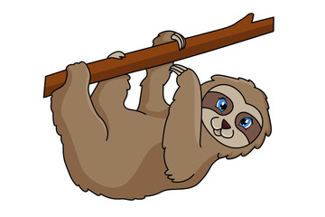 Fototapeta premium Cute cartoon sloth hanging from a tree branch, adorable wildlife illustration