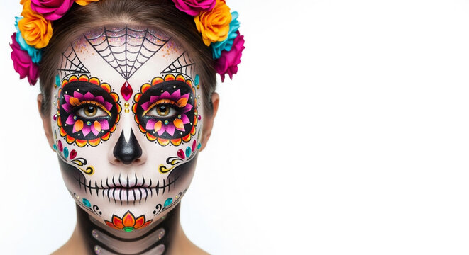 Stunning sugar skull makeup art for Dia de los Muertos celebration, vibrant floral crown and intricate face paint design, perfect for Halloween promotions