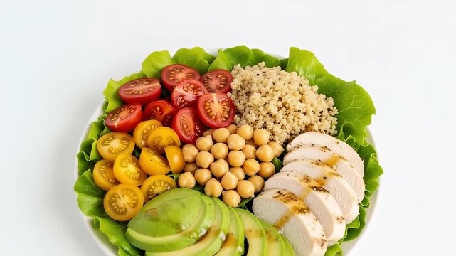 An overhead shot showcases a vibrant and meticulously arranged healthy meal on a clean white background. The colorful bowl features perfectly sliced grilled chicken breast, fluffy quinoa, wholesome ch