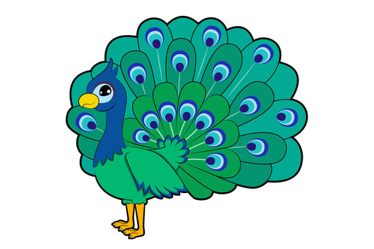 A vibrant and colorful cartoon peacock illustration, showcasing its magnificent tail feathers fanned out in a beautiful display - Powered by Adobe