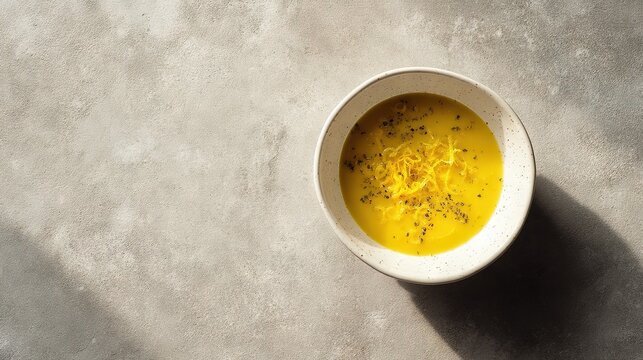 Bright minimalist chickpea soup bowl with lemon zest and pepper on beige textured background, sunlight composition ideal for wellness and food branding visuals.