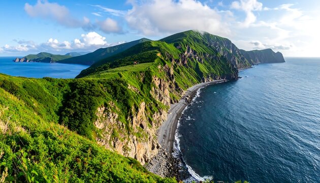 A coastal panorama features a vibrant green, cliff-edged landscape meeting the deep blue ocean under a partly cloudy sky