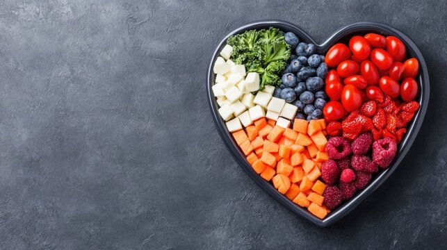 Colorful arrangement of various nutritious fruits vegetables and berries forming the shape of a protective shield