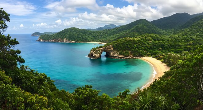 Tropical bay with turquoise water and lush green jungle coastline and rock arch beach ocean