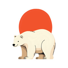 Fototapeta premium Sumi-e style illustration of a polar bear with a vibrant red-orange sun on a soft white background. Traditional Japanese ink wash painting sumi-e. Hieroglyphs - harmony, spirit, perfection, beleive.