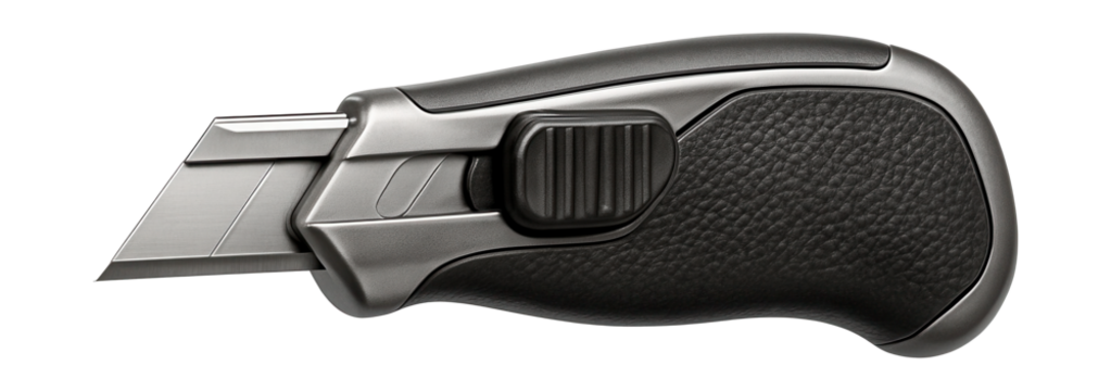 Ergonomic retractable knife with textured grip and thumb slider for auto repair.