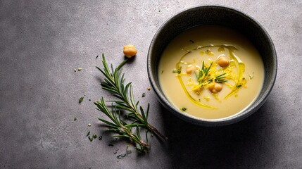 Modern chickpea soup with rosemary and lemon zest, top view on gray surface, elegant minimalist food design for editorial, restaurant, or culinary advertising.