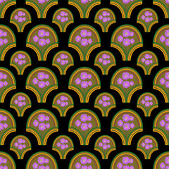 ​1. Description (Under 200 characters)
​A seamless repeating pattern featuring stylized orange and yellow flowers and green leaves within a scalloped, Art Deco-inspired arch motif on a pale tan backgr