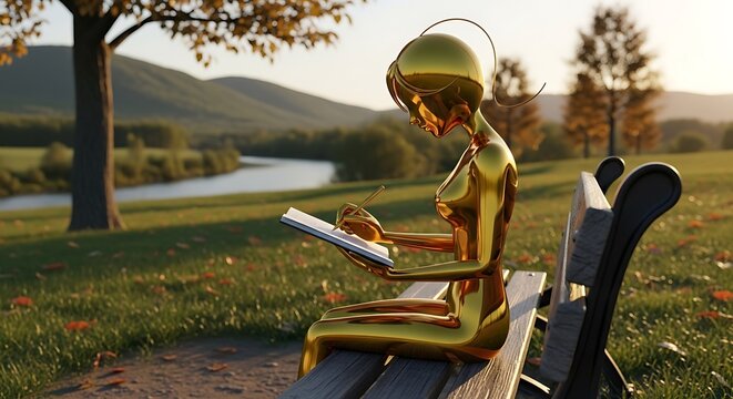 Gilded Serenity A Polished Gold Figure Finds Inspiration in a Tranquil Autumn Park. - Powered by Adobe