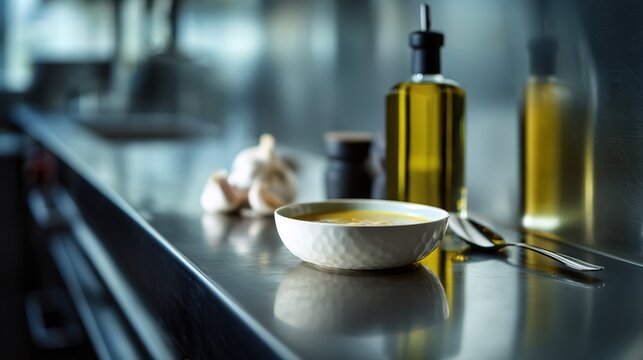 Modern stainless-steel kitchen counter with bowl of creamy soup, olive oil bottle, and garlic cloves, minimalist culinary scene ideal for food advertising or restaurant visuals.