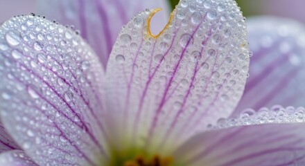Delicate Dew-Kissed Flower Petal Macro: Purple Veins, Water Droplets, Nature's Beauty.