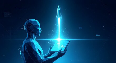 Futuristic android figure holding a glowing tablet with a bright blue light beam shooting upwards into the darkness