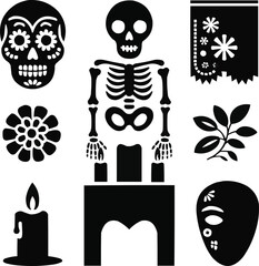 Día de los Muertos Solid Icon Set   Skeleton, Skull, and Celebration Symbols