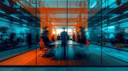 Modern boardroom with a large window and people in a meeting, with focus on the modern office and meeting concept. 