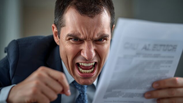 a man intensely displays anger while holding a document. He's scowling and shouting, with a focus on negative emotions