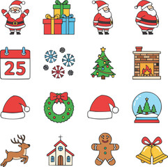 Cartoon vector illustration set of Christmas and holiday icons including Santa, tree, gift, snowman, and decorations
