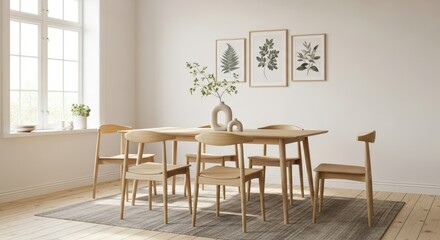 Fototapeta premium Modern Minimalist Dining Room with Natural Elements and Elegant Wood Furniture Design