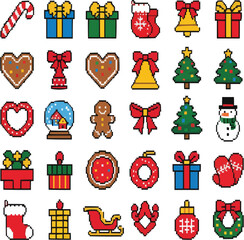 Cartoon vector Christmas icon set with tree, Santa, snowman, and gift decorations for a winter holiday celebration design