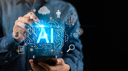 A man interacts with digital AI interface above smartphone, symbolizing innovation, data processing, machine learning, and automation in modern technology for use in tech, business.